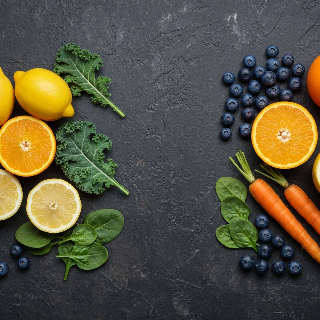 Vitamin-rich colourful fruits and vegetables arranged on a dark stone surface
