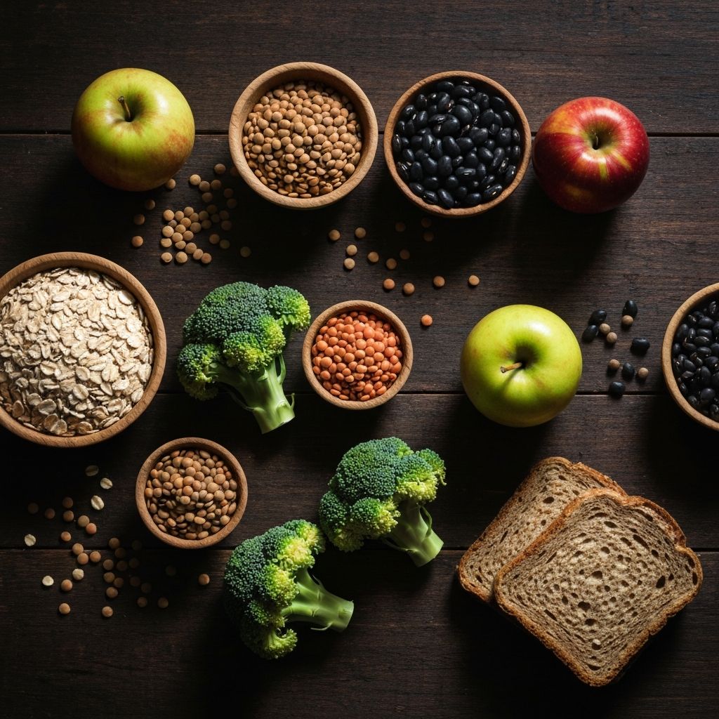 Fibre-rich whole foods including oats, legumes, broccoli and apples on a rustic surface