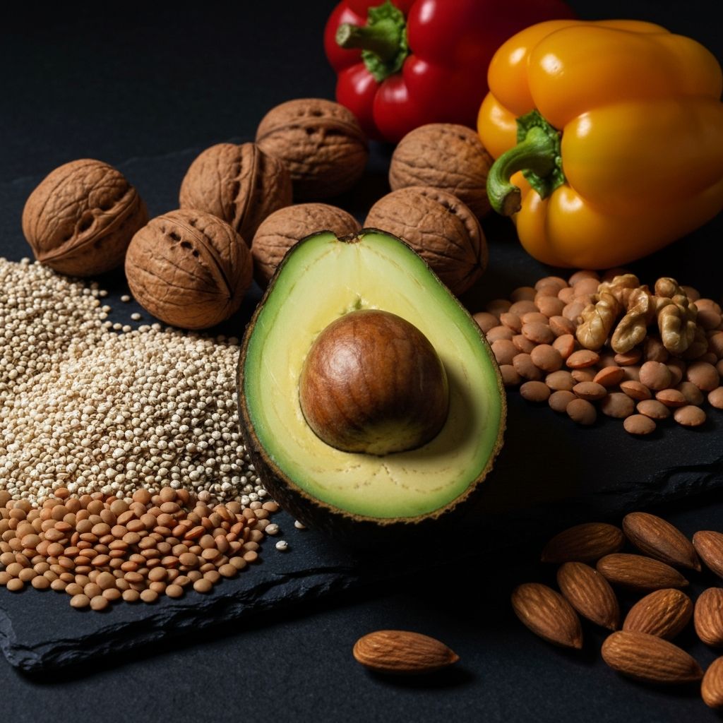 Diverse whole foods including quinoa, lentils, avocado and vegetables illustrating nutritional diversity